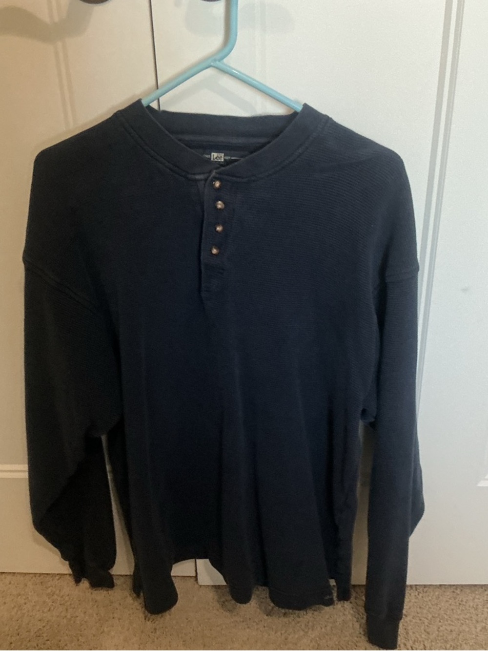 Vintage Y2K Men's Long Sleeve Henley Shirt - navy waffle knit size large